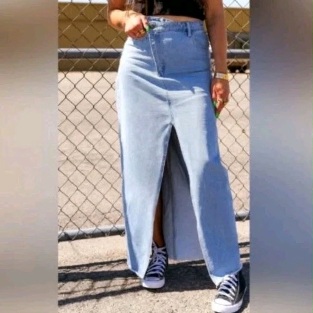 Dressed in LALA Light Blue Denim Maxi Skirt with Front Slit